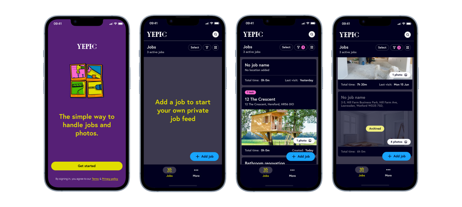 Four Yepic mobile product screens
